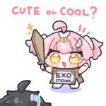  1boy 1girl 1other aemeath_(wuthering_waves) aemeath_(young)_(wuthering_waves) ahoge black_hair chibi chibi_only commentary_request english_text hair_ornament highres holding holding_sword holding_weapon open_mouth pink_hair rover_(wuthering_waves) short_hair sign simple_background smile solo_focus standing sweatdrop sword syurikenmaru two_side_up v-shaped_eyebrows weapon white_background wooden_sword wuthering_waves yellow_eyes 