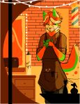 absurd_res accessory anthro barber barber_pole barber_shop brown_clothing canid canine cape clothing colored crossed_arms drawer dynamic_lighting fox fur green_body green_ear_tuff green_fur green_tail hair hair_accessory hairspray hi_res light long_hair male mammal mirror orange_body orange_fur orange_hair orange_tail scissors shaded shardie shardie_(shardie) simple_background simple_coloring simple_lines simple_shading sketch solo standing tail white_body white_ears white_fur white_hair white_tail