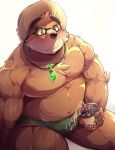  2022 absurd_res anthro belly beverage blush brown_body brown_fur bubble_tea clothing eyewear fur glasses hat hayataohalada headgear headwear hi_res humanoid_hands kemono lifewonders male mammal moobs navel overweight overweight_male simple_background sitting solo straw_hat tokyo_afterschool_summoners underwear ursid video_games volos 