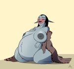  alien anthro areola belly big_belly big_breasts black_hair black_nose blue_body blush breasts canid clone_wars clothing eyes_closed female hair hand_on_breast hi_res khutan kneeling mammal navel nelvaanian nipples pregnant robe smile solo star_wars thick_thighs 