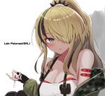  1girl alternate_hair_color bandeau bangs bare_shoulders black_gloves black_hair blonde_hair breasts cleavage commentary_request ear_piercing fingerless_gloves gloves green_jacket hair_over_one_eye herumu_(kouzome_mia) highres jacket lain_paterson large_breasts long_hair long_sleeves looking_at_viewer multicolored_hair nijisanji off_shoulder open_clothes open_jacket parted_lips partial_commentary piercing ponytail pouch purple_eyes sidelocks simple_background solo strapless streaked_hair suspenders tube_top upper_body white_background 