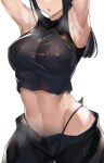  1girl arknights armpits arms_up black_hair black_panties breasts chong_(547342983) covered_nipples dobermann_(arknights) dog_tail highres large_breasts long_hair midriff navel open_mouth panties simple_background sleeveless solo sweat tail teeth thong underwear white_background 