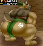 advertisement alternate_version_at_paywall anthro asian_clothing big_butt black_nose blush bulge butt camp14 canid canine canis clothing crouching dojo domestic_dog east_asian_clothing embarrassed eyebrows facial_scar german_shepherd green_eyes green_hair hair herding_dog hi_res japanese_clothing lifewonders looking_at_viewer looking_back looking_back_at_viewer male mammal mawashi open_mouth overweight overweight_male pastoral_dog patreon rear_view scar spread_legs spreading sumo thick_eyebrows tokyo_afterschool_summoners yasuyori_(tas)