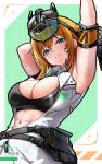  1girl abs absurdres armpit_crease arms_up bandaid bandaid_on_cheek bandaid_on_face bare_shoulders black_sports_bra blonde_hair blue_eyes blush breasts cleavage commentary english_commentary goddess_of_victory:_nikke hair_between_eyes highres large_breasts looking_at_viewer maxwell_(nikke) maxwell_(ordinary_mechanic)_(nikke) navel official_alternate_costume parted_lips short_hair sidelocks sleeveless smile solo sports_bra sweat unzipped visor_lift vraxtal 