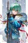  1boy absurdres ahoge alyosha_(genshin_impact) artist_name belt black_gloves black_pants black_shirt blue_jacket border cape closed_mouth commentary_request cowboy_shot day earmuffs empty_eyes fur-trimmed_cape fur_trim genshin_impact gloves green_hair grey_belt grey_sky gun hair_between_eyes hands_up highres holding holding_gun holding_weapon hood hooded_cape jacket looking_at_viewer male_focus nero_hanken open_clothes open_jacket outdoors outside_border pants rifle shirt short_hair shoulder_belt sky sniper_rifle snowing solo standing turtleneck turtleneck_shirt watermark weapon white_border white_cape winter yellow_eyes 