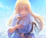  1girl absurdres blonde_hair closed_eyes dress gown harp highres holding holding_instrument instrument long_hair open_mouth pointy_ears princess_zelda raji_(aranmax) sidelocks sky smile solo the_legend_of_zelda the_legend_of_zelda:_skyward_sword white_dress 