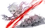  1boy 1girl absurdres aether_(genshin_impact) ahoge arm_guards arm_up boots braid clenched_hands closed_eyes floating_clothes floating_hair full_body genshin_impact gloves greyscale hair_between_eyes hair_ornament hair_ribbon hair_tubes halo highres huhu_norii long_hair long_sleeves looking_at_viewer low-braided_long_hair low-tied_long_hair lying mechanical_halo monochrome no_mouth on_side open_mouth paimon_(genshin_impact) puffy_long_sleeves puffy_sleeves ribbon romper scarf shadow shirt short_hair short_sleeves simple_background single_braid single_hair_tube single_thighhigh star_(symbol) star_hair_ornament sweatdrop teeth thighhighs unconscious upper_body v-shaped_eyebrows 