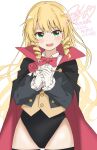  1girl black_cloak black_jacket black_leotard black_thighhighs blonde_hair bow bowtie brown_vest cloak commentary_request commission gloves green_eyes highres jacket leotard leotard_under_clothes long_hair maho_ron1 multicolored_cloak open_mouth original own_hands_together phantom_thief phantom_thief_(kkmomo67) red_bow red_bowtie red_cloak shirt skeb_commission solo thighhighs thighs two-sided_cloak two-sided_fabric two-tone_cloak vest white_gloves white_shirt 