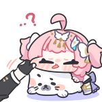  ? aemeath_(wuthering_waves) aemeath_(young)_(wuthering_waves) ahoge black_gloves blush cheek_pinching cheek_pull chibi chibi_only closed_eyes commentary_request fingerless_gloves gloves hair_ornament multiple_girls pinching pink_hair pov pov_hands seal_(animal) short_hair simple_background solo_focus syurikenmaru tongue tongue_out two_side_up white_background wuthering_waves 
