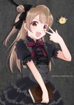  1girl :d bangs black_bow black_dress bow brown_eyes brown_hair character_name dress earrings eyebrows_visible_through_hair frilled_dress frills gothic_lolita hair_bow holding inui_sekihiko jewelry layered_dress lolita_fashion long_hair love_live! love_live!_school_idol_project magic_circle minami_kotori nail_polish neck_ribbon red_nails red_ribbon ribbon shiny shiny_hair short_sleeves side_ponytail skull_earrings smile solo standing underbust very_long_hair w_over_eye 