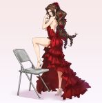  1girl aerith_gainsborough ass back backless_dress backless_outfit bare_legs bare_shoulders breasts brown_hair chair clenched_hand dress drill_hair final_fantasy final_fantasy_vii final_fantasy_vii_remake flexing flower folding_chair foot_up frills full_body gathers green_eyes hair_flower hair_intakes hair_ornament high_heels jewelry long_hair looking_at_viewer looking_back nail_polish necklace official_alternate_costume ozkh pink_background pose red_dress red_nails side_slit sideboob simple_background smile smirk standing strapless strappy_heels thighs very_long_hair white_footwear 