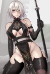  1girl alternate_costume android arm_support black_gloves black_legwear breasts covered_nipples elbow_gloves gloves hair_over_one_eye holding holding_sword holding_weapon joints lainart mole mole_under_mouth nier_(series) nier_automata pelvic_curtain robot_joints short_hair sideboob solo sword thighhighs weapon white_hair yorha_type_a_no._2 