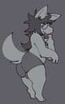  2021 anthro biped bulge butt canid canine chest_tuft clothed clothing digital_media_(artwork) fox grey_background greyscale hair hi_res leaning leaning_forward long_hair male mammal messy_hair monochrome shoulder_tuft side_view simple_background sog_(squishy) solo squishy_(artist) standing tuft underwear underwear_only wavy_mouth worried 