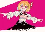  1girl ascot black_dress blonde_hair breasts collared_shirt dress hair_ribbon highres massakasama medium_breasts outstretched_arms red_eyes red_neckwear red_ribbon ribbon rumia shirt short_hair skirt skirt_set solo spread_arms touhou vest white_shirt 