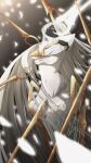  1girl absurdly_long_hair absurdres black_skin colored_eyelashes colored_skin crossed_arms dress flower grand_mother_silk_(hollow_knight) half-closed_eyes halo highres hollow_knight hollow_knight:_silksong humanization long_hair looking_at_viewer orange_eyes rose solo user_hnay7388 vambraces very_long_hair white_dress white_flower white_hair white_rose 