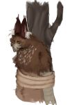 anthro arms_tied avian beak big_ears bound brown_body brown_feathers brown_fur claws feathers fluffy fluffy_ears fur grey_beak grey_hands gryphon hi_res kaixxxy ksan_(neevm) male mythological_avian mythological_creature mythology nude orange_eyes plant rope solo suspension tree white_body white_feathers white_fur