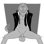  1:1 2019 a-side agata_(beastars) anthro balls beastars bottomless bottomless_male clothed clothing felid genitals hands_behind_back hi_res jacket lion looking_at_viewer male mammal monochrome mostly_nude necktie open_clothing open_jacket open_topwear pantherine penis sitting smile solo spread_legs spreading topwear 