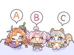  3girls aemeath_(wuthering_waves) aemeath_(young)_(wuthering_waves) ahoge animal_ears blue_eyes braid character_request chibi chibi_only commentary_request cosplay eggplant feather_hair food green_eyes hair_ribbon highres holding holding_food holding_pizza holding_sign long_hair looking_at_viewer multiple_girls one_eye_closed open_mouth orange_hair pink_hair pizza ribbon sign sigrika_(wuthering_waves) simple_background smile speech_bubble squirrel_ears squirrel_tail standing syurikenmaru tail twin_braids two_side_up white_background wuthering_waves yellow_eyes 
