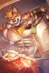 2026 2:3 abdominal_markings absurd_res anthro appliance barazoku beverage_can black_claws black_pawpads blonde_hair bottle bottomwear brown_facial_hair cheek_scar chest_tuft claws clothed clothing container dark_room deltoids dog_tags eye_scar eyebrow_stud facial_hair facial_scar felid finger_claws fridge fur green_bottomwear green_clothing green_eyes green_pants hair hi_res holding_bottle holding_container holding_object jaguar kitchen_appliance male mammal markings muscular muscular_anthro muscular_male navel obliques open_mouth orange_body orange_fur pantherine pants pawpads pecs pubes rom_g scar solo spots spotted_body spotted_fur topless tuft vorusuarts