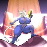  anthro big_breasts blaster blue_eyes breasts clothing domestic_cat felid feline felis female fur hayakain imminent_abduction kitty_(hayakain) mammal solo spacesuit tight_clothing white_body white_fur 