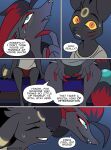 anthro better_version_at_source comic dialogue duo eeveelution english_text facial_piercing female generation_2_pokemon generation_5_pokemon glowing glowing_eyes glowing_markings hair hi_res long_hair lucky_(odeko-yma) male markings minor_wound nintendo nose_piercing nose_ring nova_(odeko-yma) odeko-yma piercing pokemon pokemon_(species) pokemon_mystery_dungeon ring_piercing speech_bubble spike_chunsoft text umbreon zoroark