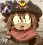 2026 absurd_res anthro artist_name black_nose brown_hair clothing cowboy_hat creature_and_personification cute_fangs domestic_cat emoji eyebrow_through_hair eyebrows eyelashes fangs felid feline felis female gameoverse glitch_productions grey_eyes gun_arm hair hat headgear headwear hi_res kit_bodega looking_at_viewer mammal mechanical_arm open_mouth photo_reference poncho short_hair signature solo teeth text the-butcher-x translucent translucent_hair weapon_arm whiskers wide_eyed