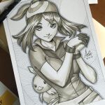  1girl artist's_hand_in_frame bandana breasts closed_mouth commentary english_commentary gloves hands_up interlocked_fingers looking_at_viewer marker_(medium) may_(pokemon) medium_hair own_hands_clasped own_hands_together photo_(medium) pokemon pokemon_(creature) pokemon_ruby/sapphire/emerald sepia shirt short_sleeves signature smile stanley_lau torchic traditional_media upper_body 