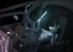 2026 anthro balls canid canine canis casual_nudity chair claws cockpit digital_media_(artwork) drink_pouch electronics fur furniture genitals grey_body grey_fur hair headgear headphones headset hi_res light lighting looking_at_screen male mammal markings nipples nude nude_anthro nude_male pawpads paws pilot screen signature solo spacecraft stylus tablet tail tatzel toe_claws vehicle wolf zero_gravity