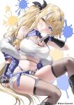  1girl armpit_crease bare_shoulders belt black_gloves blonde_hair blue_eyes blue_jacket breasts brown_thighhighs cleavage commentary_request crop_top fingerless_gloves fishnet_top fishnets fur_trim garter_straps gloves grin hair_ornament hair_ribbon heterochromia highleg highres jacket knee_up large_breasts long_hair looking_at_viewer micro_shorts midriff multicolored_hair navel ninja off_shoulder open_clothes open_jacket original panty_straps ribbon shirt short_shorts shorts side_ponytail simple_background sitting skindentation sleeveless sleeveless_shirt smile solo stomach streaked_hair thighhighs thighs very_long_hair white_background white_shirt white_shorts x_hair_ornament yana_mori yellow_eyes 