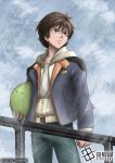  1boy banagher_links belt blue_jacket blue_pants brown_eyes brown_hair carrying carrying_under_arm cityscape closed_mouth commentary_request company_name copyright_logo copyright_name copyright_notice cowboy_shot crost gundam gundam_card_game gundam_unicorn haro holding hood hooded_jacket hoodie jacket jacket_over_hoodie logo multicolored_jacket non-humanoid_robot o'neill_cylinder official_art open_clothes open_jacket orange_jacket pants partially_unzipped pet robot sanpaku scene_reference science_fiction shirt short_hair space_habitat white_belt white_hoodie white_shirt 