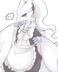 2026 4_claws ambiguous_gender anthro blue_eyes blue_sclera blush blush_lines bodily_fluids claws clothing colored fluffy_wings flying fur generation_5_pokemon grey_claws hair hi_res kappako_chan legendary_pokemon looking_down maid_headdress maid_uniform mouth_closed nintendo pokemon pokemon_(species) portrait pupils reshiram simple_background small_pupils snout solo speech_bubble sweat sweatdrop three-quarter_portrait tuft uniform white_background white_body white_fur white_hair white_wings wings