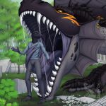 1:1 absurd_res aetherios anthro black_body bodily_fluids capybara caviid claws dragon duo fangs feral forest_background hi_res horn judasyfox male mammal mouth_shot mythological_creature mythological_scalie mythology open_mouth piercing ring_piercing rodent ruins saliva saliva_on_tongue saliva_string scales scalie teeth throat vore yellow_eyes