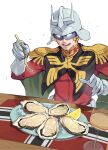  1girl char_aznable commentary_request cup drinking_glass eating epaulettes flag food fork fruit gloves gundam helmet highres holding holding_fork jacket kanpa_(campagne_9) lemon lemon_slice mobile_suit_gundam oyster red_jacket solo white_background white_gloves white_helmet wine_glass zeon 
