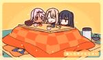  3girls blonde_hair chloe_von_einzbern cup dark_blue_hair fate/grand_order fate/kaleid_liner_prisma_illya fate_(series) illyasviel_von_einzbern kotatsu multiple_girls om_nom_nom pink_hair purple_hair table yoru_nai 