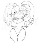4_fingers arms_bent big_breasts biped blush blush_lines bodily_fluids breasts cleavage cleavage_overflow clothed clothed_female clothed_humanoid clothing collarbone cute_fangs digital_media_(artwork) ears_aside eyebrow_through_hair eyebrows eyelashes fangs female female_humanoid fingers front_view hair hair_between_eyes hi_res humanoid humanoid_hands humanoid_pointy_ears iliac_crest korean_description league_of_legends legs_together long_ears long_hair long_pigtails looking_at_viewer meckmeck00124 monochrome mouth_closed not_furry one-piece_swimsuit open_hands pigtails pointy_ears poppy_(lol) portrait pupils riot_games shortstack shortstack_female shortstack_humanoid simple_background slit_pupils solo standing straight_legs sweat sweaty_arms sweaty_breasts sweaty_face swimwear teeth tencent thick_thighs thin_eyebrows three-quarter_portrait translucent translucent_hair white_background yordle