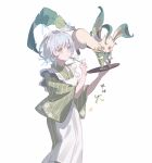  1girl :t apron bang_dream! bang_dream!_it's_mygo!!!!! blue_eyes blush chinese_commentary commentary_request crossover cup drawn_ears drawn_whiskers food fork green_kimono heterochromia highres holding holding_fork holding_tray japanese_clothes kaname_raana kimono leafeon maid maid_apron matcha_parfait parfait pokemon pokemon_(creature) simple_background tray wa_maid wboheshi white_apron white_background white_hair yellow_eyes 