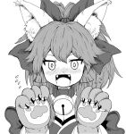  1girl ^^^ animal_ear_fluff animal_ears animal_hands bangs bell blush bow breasts claws cleavage collar commentary_request eyebrows_behind_hair eyebrows_visible_through_hair fangs fate/grand_order fate_(series) fox_ears fox_girl greyscale hair_between_eyes hair_bow hair_ribbon highres kusama_takato long_hair looking_at_viewer monochrome neck_bell open_mouth paw_pose ponytail ribbon shy sidelocks solo tamamo_(fate) tamamo_cat_(fate) upper_body 