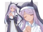  1girl alternate_costume animal_ears border closed_mouth commentary fingernails grey_background horse_ears horse_girl horse_tail interlocked_fingers jtleeklm long_hair looking_at_viewer mejiro_mcqueen_(umamusume) multiple_views nun nun_headdress one_eye_closed own_hands_together purple_eyes purple_hair shirt smile solo tail umamusume untranslatable_commentary white_border white_shirt 