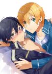  2boys bangs bed black_hair black_jacket blonde_hair blue_jacket blush eugeo green_eyes grey_eyes highres jacket kirito looking_at_viewer lying male_focus multiple_boys ogura_ari on_back on_bed open_clothes open_jacket shirt short_hair sweat sweatdrop sword_art_online white_shirt yaoi 