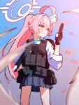  1girl afurera-chan ahoge beretta_1301 beretta_92 black_gloves black_skirt blue_archive blue_eyes blue_necktie bulletproof_vest closed_mouth collared_shirt commentary_request cowboy_shot gloves gun hair_between_eyes halo handgun heterochromia highres holding holding_gun holding_weapon hoshino_(armed)_(blue_archive) hoshino_(blue_archive) long_hair looking_to_the_side necktie pink_hair pink_halo plaid_clothes plaid_skirt pleated_skirt shirt shotgun sidelocks single_hair_intake skirt solo standing three-quarter_sleeves weapon white_shirt yellow_eyes 