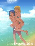  1boy 1girl :d ;d aqua_bikini aqua_eyes athrun_zala barefoot bikini blonde_hair blue_hair blue_sky breasts brown_eyes cagalli_yula_athha carrying cloud couple day gundam gundam_seed hetero highres long_hair looking_at_another looking_back male_swimwear medium_breasts medium_hair nito_minatsuki ocean one_eye_closed outdoors piggyback side-tie_bikini sideboob sky smile soaking_feet swimsuit 