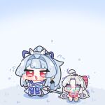 2girls ahoge blue_hair bow carlotta_(wuthering_waves) chibi chibi_only commentary_request earrings flower flying_sweatdrops green_eyes hair_bow hair_flower hair_ornament high_ponytail highres hiyuki_(wuthering_waves) holding holding_sword holding_weapon japanese_clothes jewelry long_hair looking_at_viewer multiple_girls open_mouth parted_bangs pink_bow ponytail red_eyes snot standing striped_bow sweat sword syurikenmaru trembling very_long_hair weapon white_hair wuthering_waves 