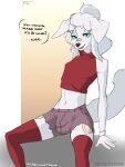  ... 2022 3:4 ? absurd_res anthro bandage biped blue_eyes bottomwear bulge canid canine canis clothed clothing dialogue digital_drawing_(artwork) digital_media_(artwork) domestic_dog english_text fur hi_res legwear mafty_(artist) male mammal navel shorts signature simple_background sitting solo stockings taiga_(bungotaiga) text topwear white_body white_fur 