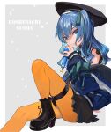  1girl amana_(pocketkey) ass beret blue_eyes blue_hair boots hat high_heels highres holding holding_microphone hololive hoshimachi_suisei jacket long_hair looking_at_viewer microphone off_shoulder side_ponytail sitting skirt sleeves_past_wrists smile solo thigh_strap virtual_youtuber yellow_legwear 