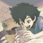  1boy agumon artist_request character_request digimon digimon_(creature) dinosaur fang game_boy game_cartridge handheld_game_console highres holding holding_handheld_game_console looking_at_object male_focus smile teeth yagami_taichi 