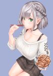  1girl black_choker bowl braid breasts choker chopsticks commentary eating food food_on_face green_eyes grey_hair gyuudon half_up_braid highres holding holding_bowl holding_chopsticks hololive huge_breasts izumida_fuyuki jewelry looking_at_viewer miniskirt off-shoulder_sweater off_shoulder official_alternate_costume official_alternate_hairstyle pendant plaid_clothes plaid_skirt ribbed_sweater rice rice_on_face shirogane_noel shirogane_noel_(casual) short_hair simple_background skirt solo sweater virtual_youtuber white_sweater 