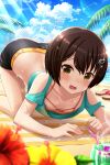  1girl absurdres all_fours alternative_girls beach black_shorts blush breasts brown_hair cleavage day eyebrows_visible_through_hair hair_ornament highres looking_at_viewer ocean official_art open_mouth sandals short_hair shorts solo sunlight tachibana_naomi tropical_drink yellow_eyes 
