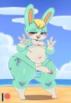  absurd_res animal_crossing anthro balls beach bikini blonde_hair clothing genitals hair hi_res lagomorph leporid mammal multicolored_body nintendo penis rabbit sasha_(animal_crossing) seaside side-tie_bikini sssonic2 swimwear two_tone_body video_games 