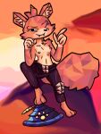  abstract_background anthro armor bandit_hermit_(gunfire_reborn) canid canine clothed clothing countershading female flat_chested fox gunfire_reborn hat headgear headwear helmet hi_res mammal midriff nipples one_eye_closed orange_body scarf smile solo topless wink 