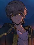  1boy black_jacket blue_sky caelus_(honkai:_star_rail) chromatic_aberration collarbone grey_hair hair_between_eyes highres honkai:_star_rail honkai_(series) hood hooded_jacket jacket long_sleeves looking_at_viewer male_focus mountain night open_clothes open_jacket outdoors rune_(rne_at) shirt short_hair sky solo t-shirt teeth trailblazer_(honkai:_star_rail) two-sided_fabric two-sided_jacket upper_body white_shirt yellow_eyes yellow_jacket 